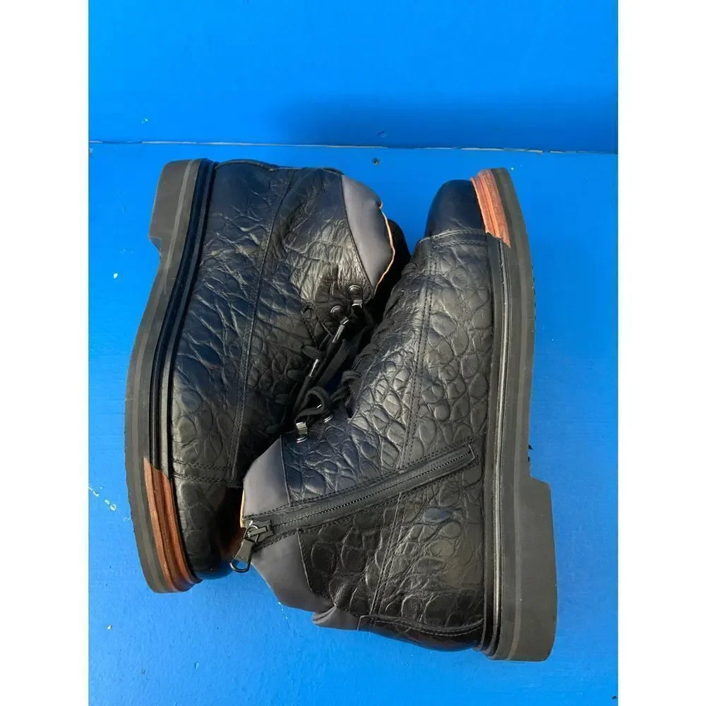 WORN 2x SANTONI EVEREST HIKING BOOT 8.5  D DERBY BURNISHED  Black  Croco